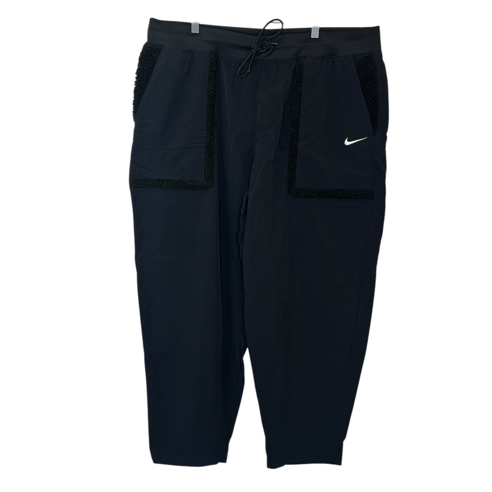 Nike Sportswear Pants XXL Black Faux Fur Borg Pocket Nylon Tapered Swoosh Womens - Picture 3 of 9